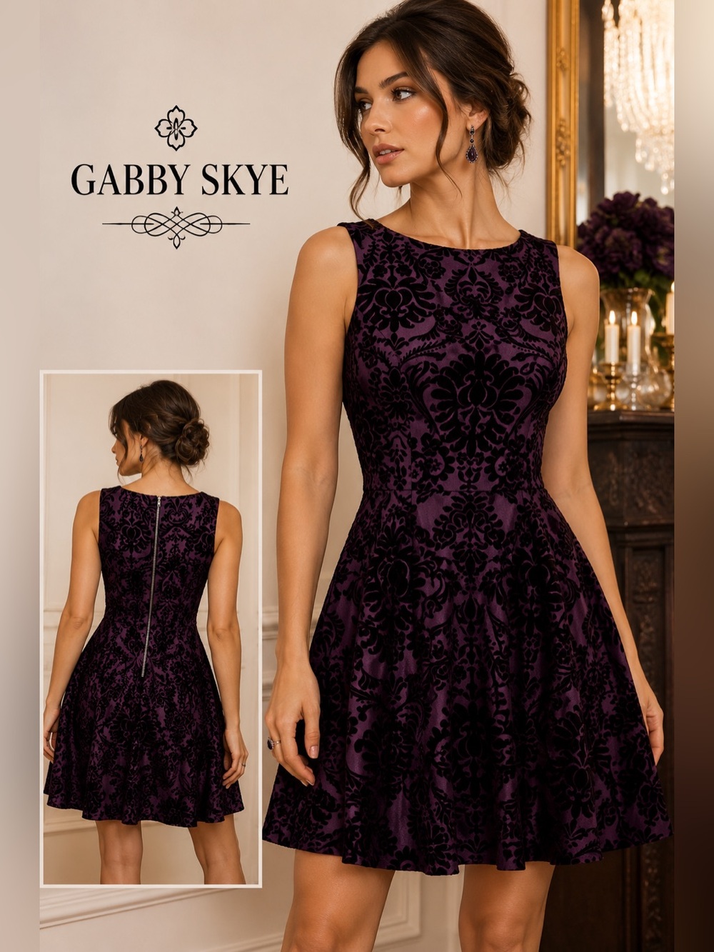 Gabby Skye Purple Black Velvet Flocked Damask Cocktail Dress 8P Petite  C8